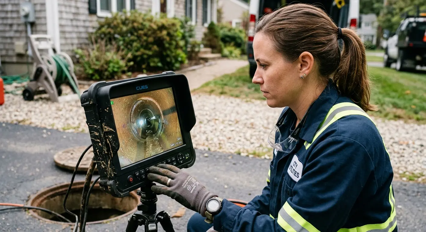 Technician reviewing sewer camera inspection footage in St. Joseph