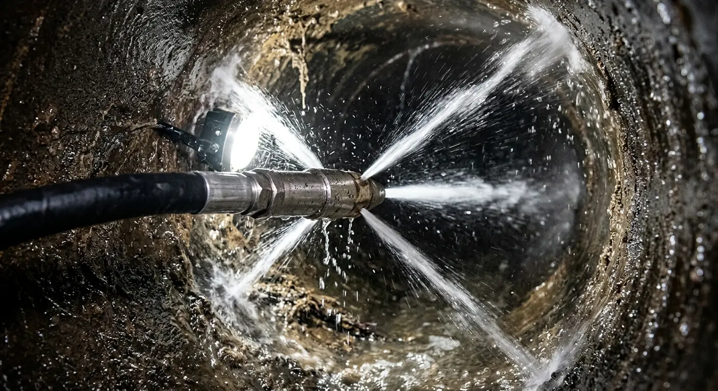 High-pressure hydro jetting nozzle cleaning sewer pipe for Sewer Cleanout in St. Joseph