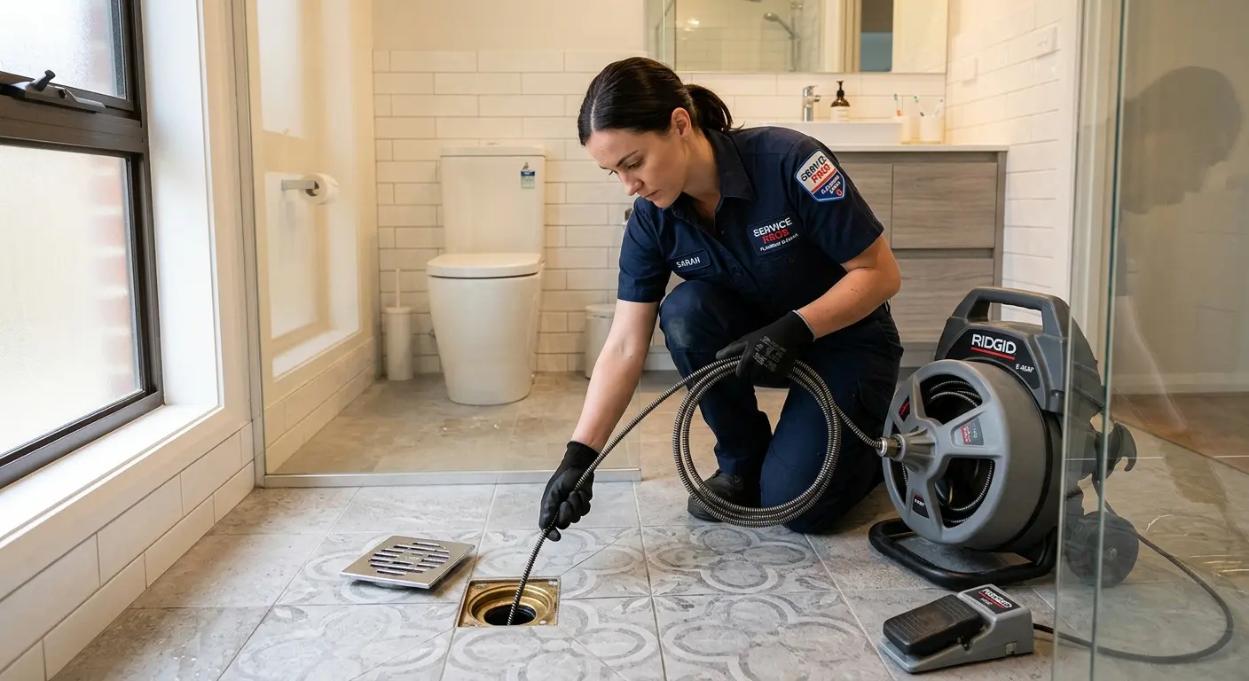 Technician clearing a bathroom floor drain for Sewer Line Replacement in St. Joseph